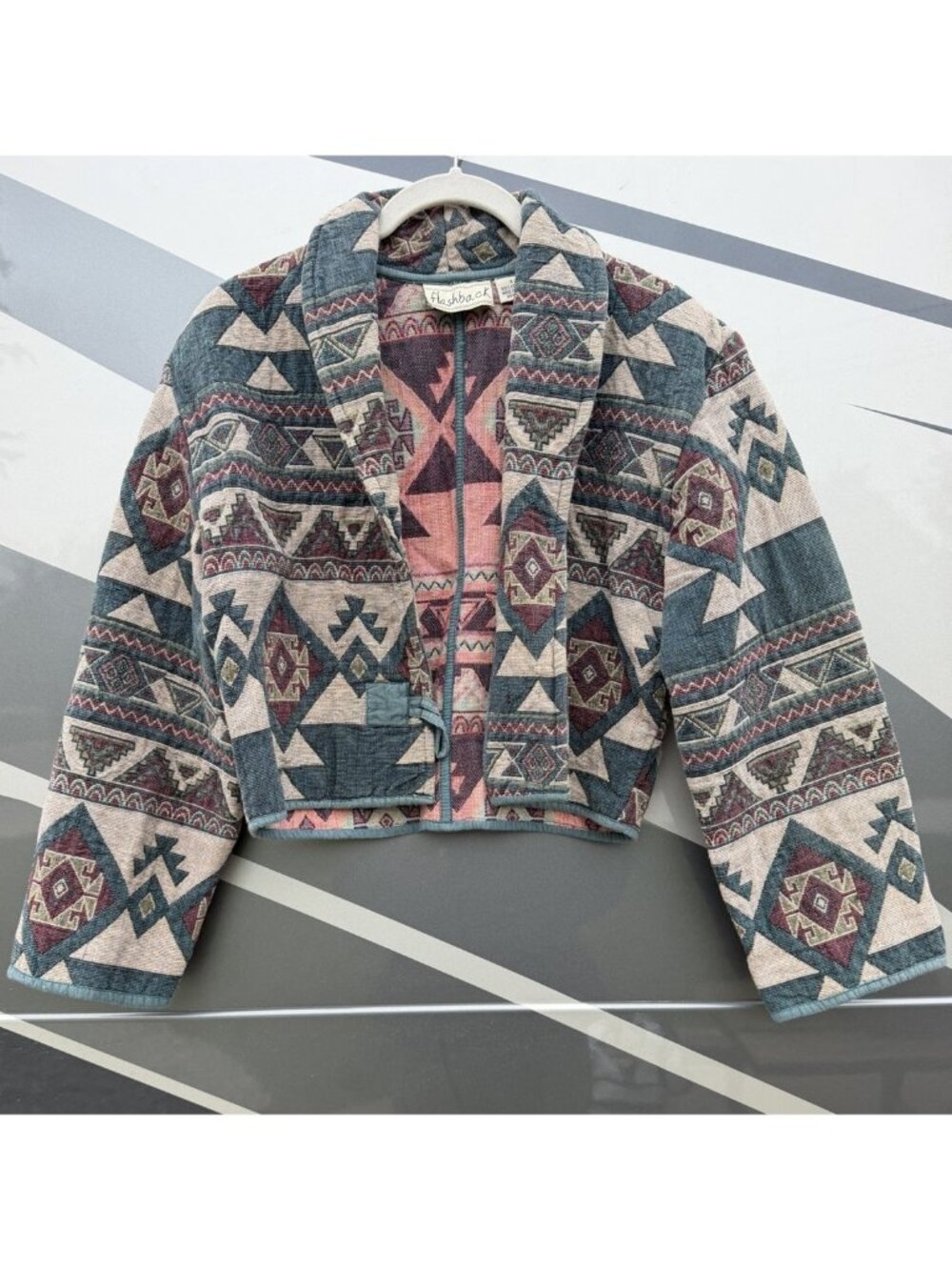 Vintage 80s Flashback green tapestry woven aztec cropped bohemian jacket S